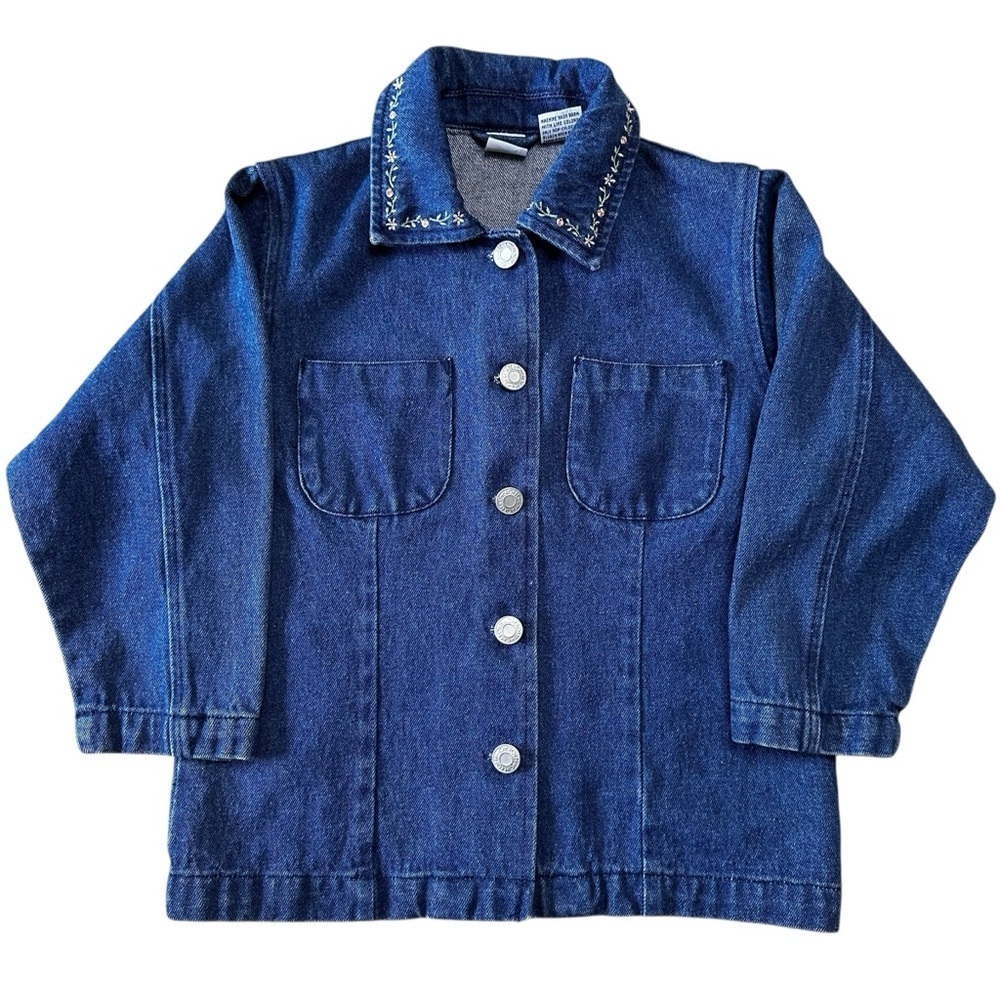 VTG Cherokee Denim Floral Embroidered Collar Cottagecore Button Down Jacket XS